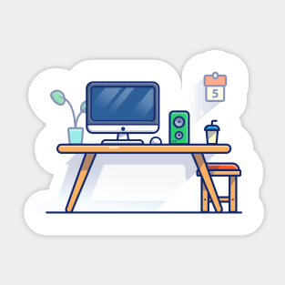 Table, Monitor, Mouse, Speaker, Plant, Calendar, Cup, And Chair Cartoon Sticker